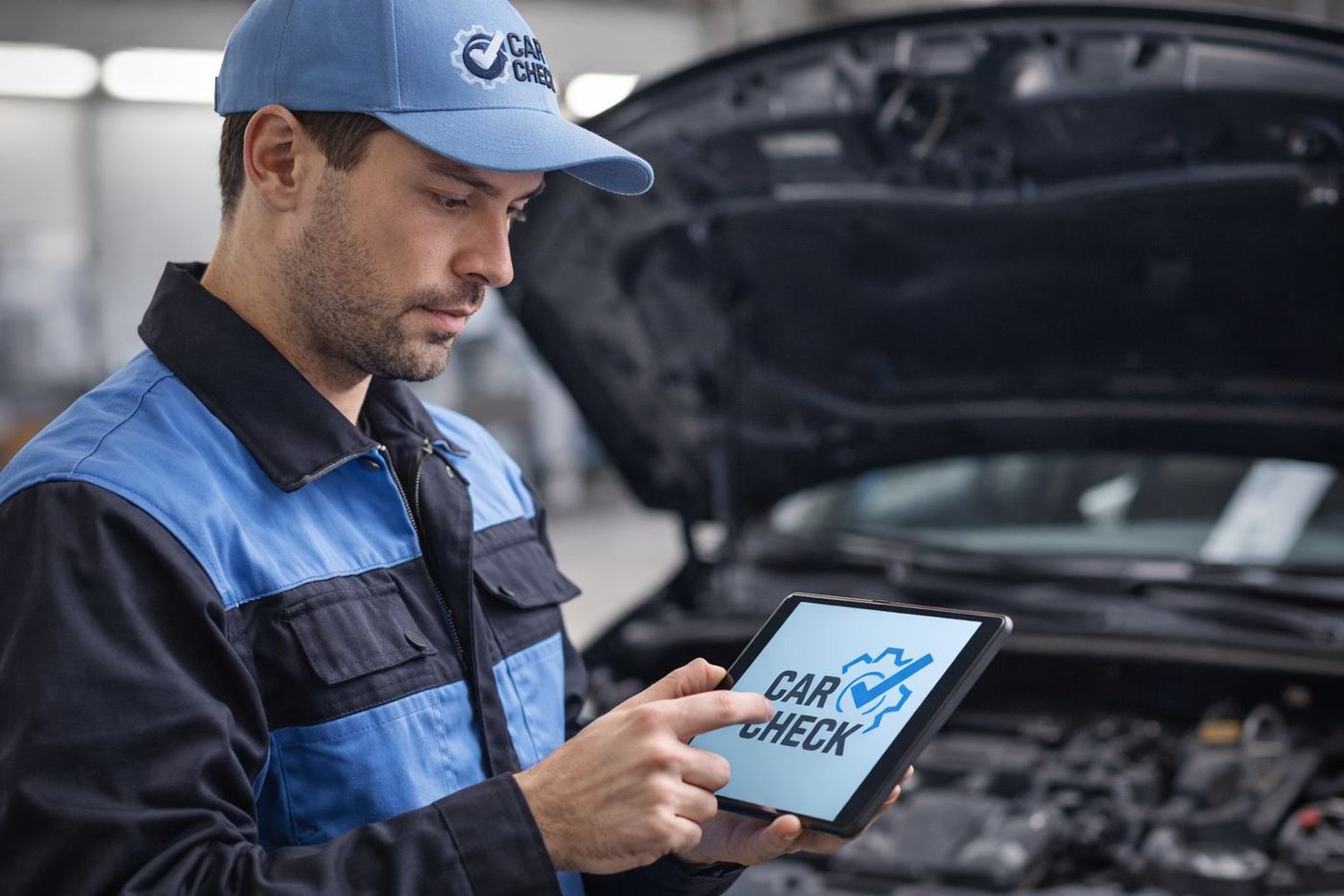 Mecánico de CarCheck revisando el informe de un vehículo en una tablet